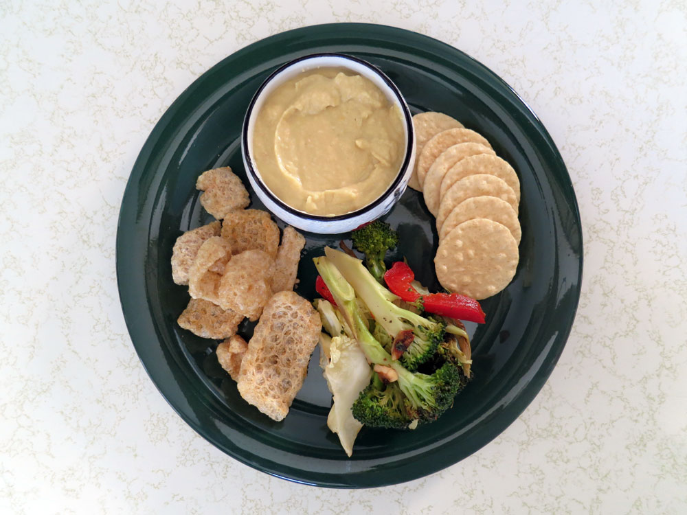 Plate o'Hummus, Crackers, Veggies and Pork Rinds