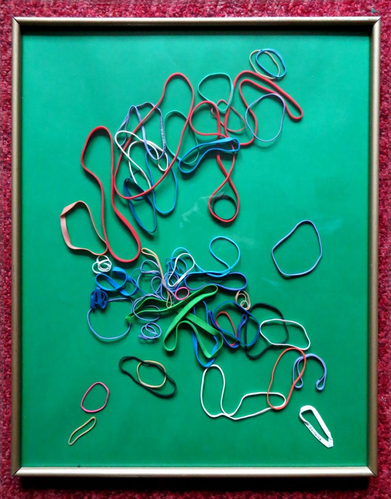 Rubber Band Art - Rescued Gold Metal Frame with Green Repurposed Background